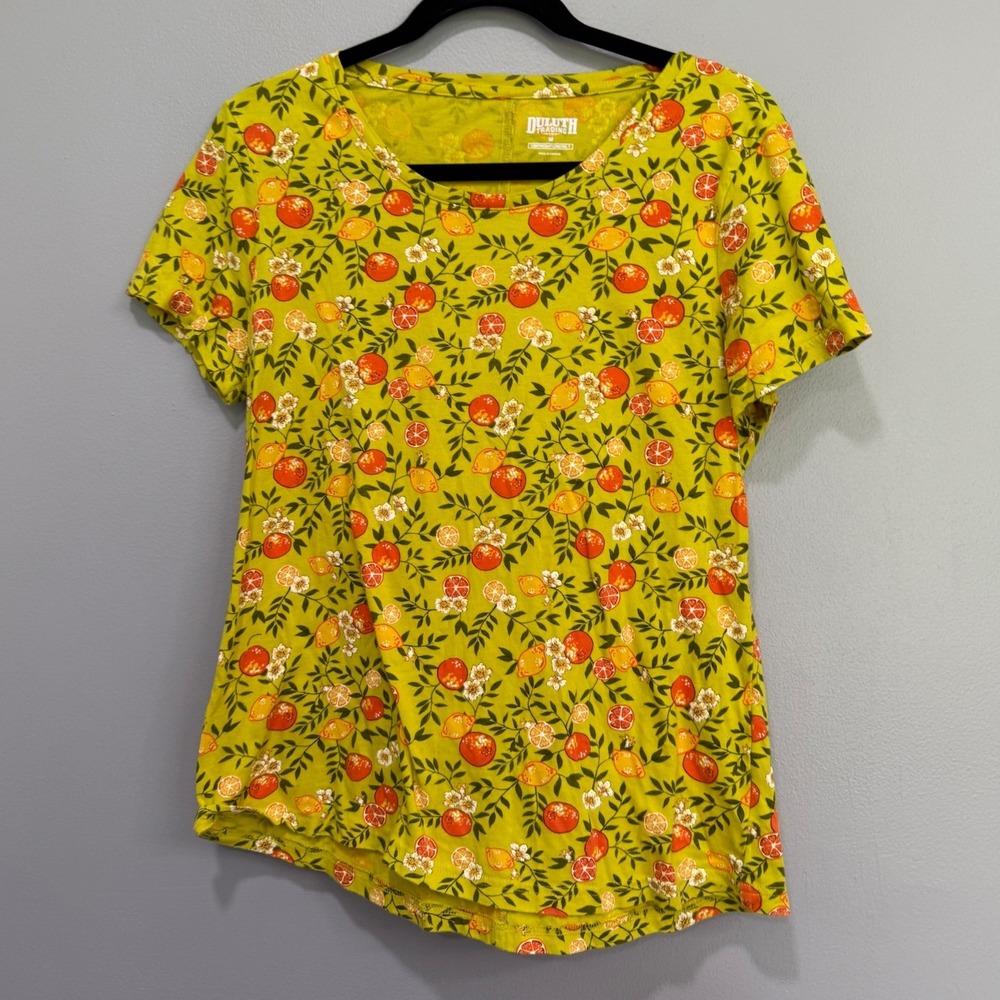 Duluth Trading Co Lightweight Longtail T Shirt Citrus Fruit Print Yellow Medium